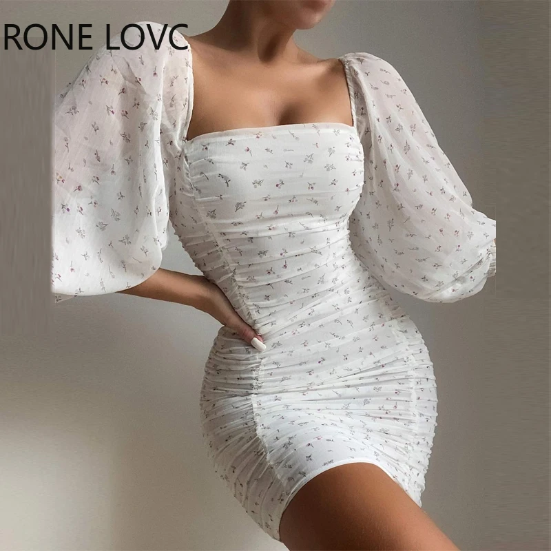 

Женское шикарное шифоновое мини-платье с квадратным вырезом и рукавами-фонариками