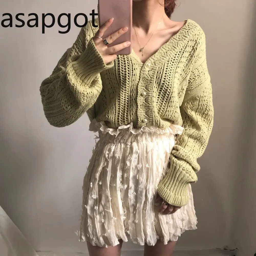 Korean Chic Vintage Hook Flower Lace Hollow Out Sweet Wild V Neck Full Puff Sleeve Cardigan Sweater Knitted Solid Loose Casual |