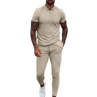 men tracksuit solid color drawstring summer lapel t shirt pockets pants for fitness