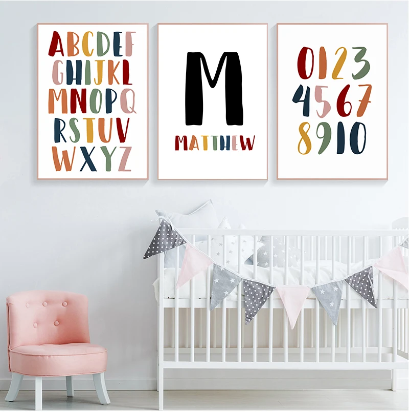 

Картина на холсте с буквами и именем на заказ для маленьких мальчиков, картина с буквами алфавита и цифрами для детской комнаты, Настенная к...
