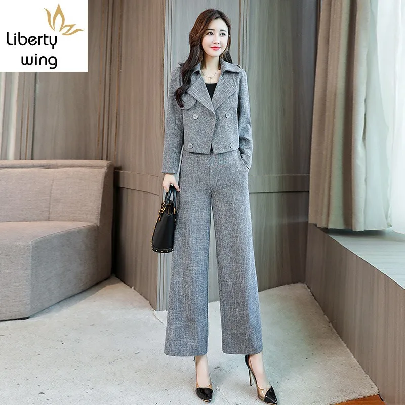 Autumn New Elegant Double-Breasted Blazer Women Two Piece Fashion Office Lady Slim Fit Wide Leg Pants Set Gray M-2XL