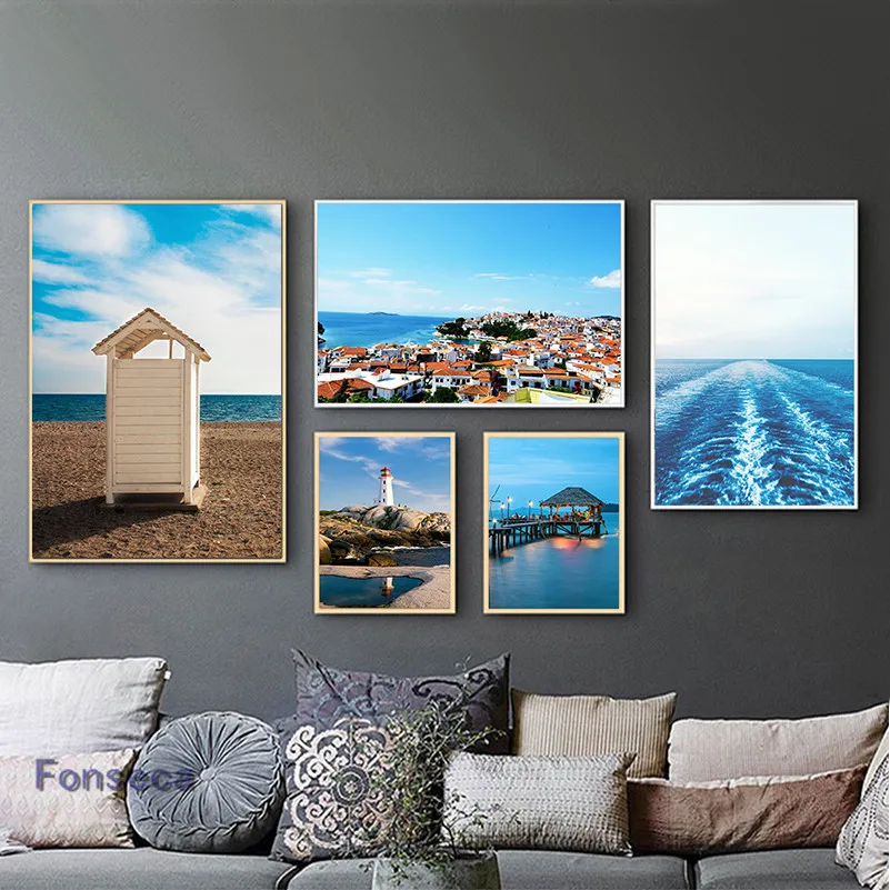 Nordic Стиль плакат пейзаж живопись холст морской синий небо и принты современные