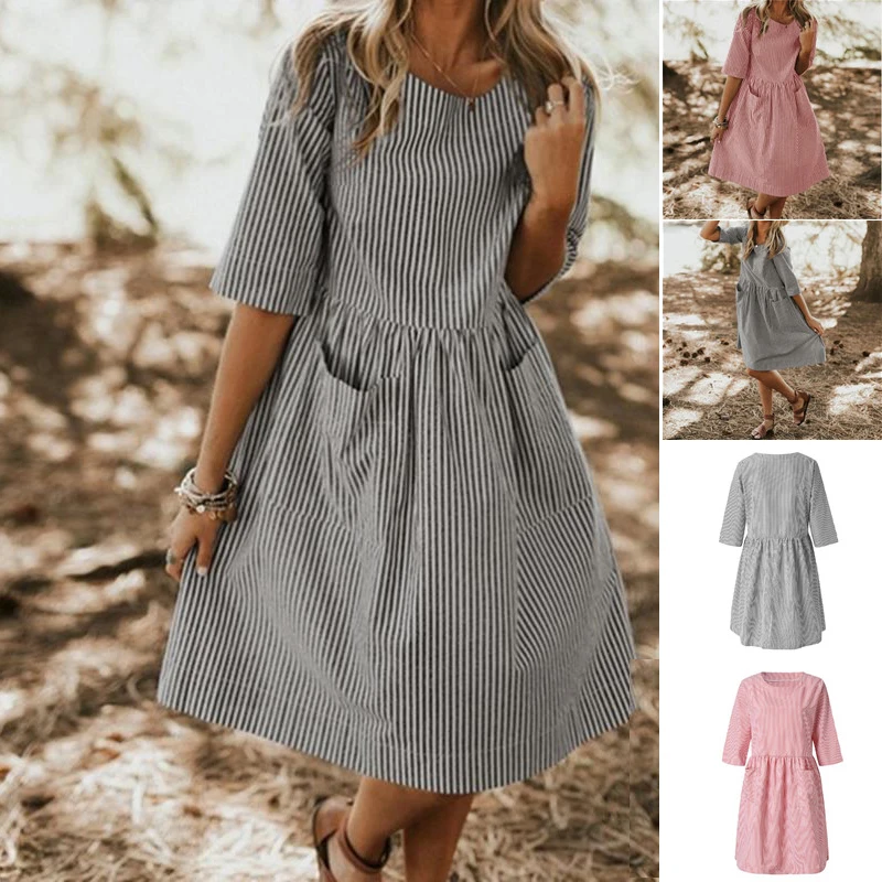 

Women Elegant O Neck Half Sleeve Pockets Loose Party Casual Baggy Work Striped Dress Sundress Oversized Dress