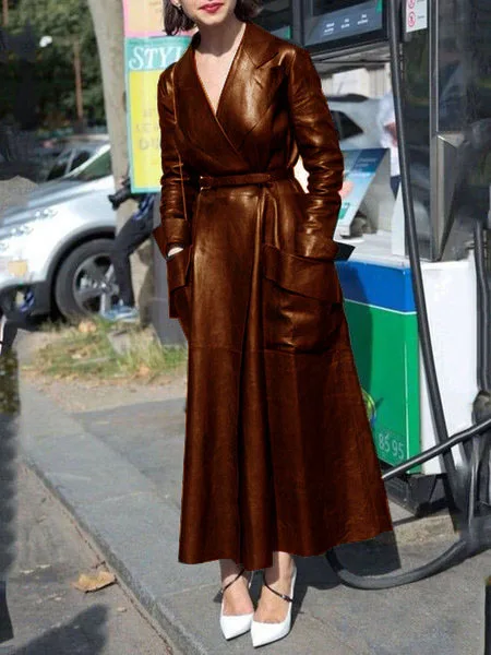 

Super long net Pu suit collar leather jacket