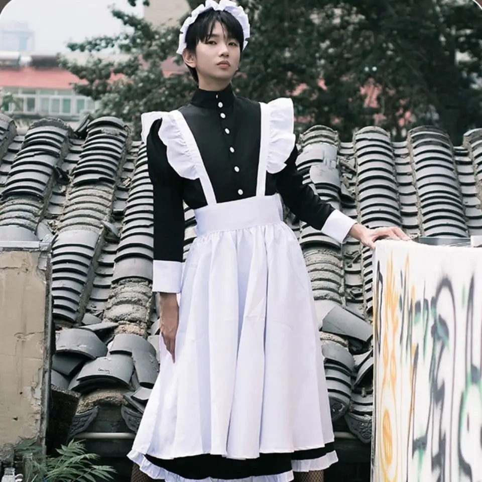 Men's Women's Maid Dress Anime Cosplay French Restaurant Long Style Costume Apron Dresses Black White Ouji Skirt | Тематическая