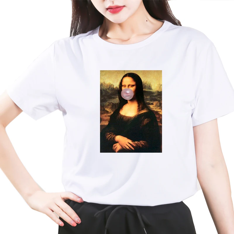 

Spoof Mona Lisa Mask T Shirt Women Personality Fashion Tshirt Summer Harajuku Aesthetics Short Sleeve White Tops Female T-shirt