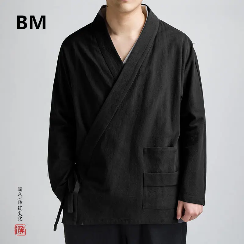 

2020 китайский Стиль косой охраны входа рубашка из хлопка и льна на весну и осень юбка с высокой талией Hanfu пальто мужские средней длины одежда...