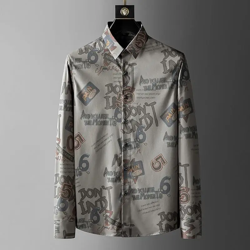 

European station tide brand 2021 autumn khaki printed shirt men's self-cultivation handsome senior long-sleeved shirt men