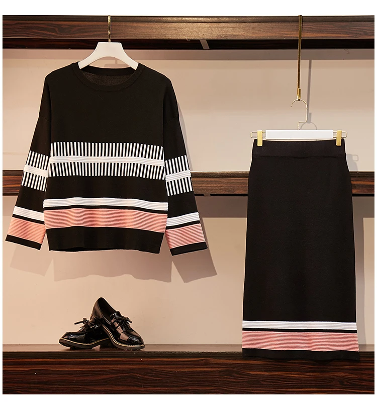 Вязанный полосатый джемпер с длинным рукавом размера плюс свитера топы +