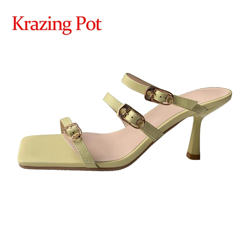 

lenkisen genuine leather thin high heel square toe sling back belt buckle fairy beauty girls slip on mules women sandals L45
