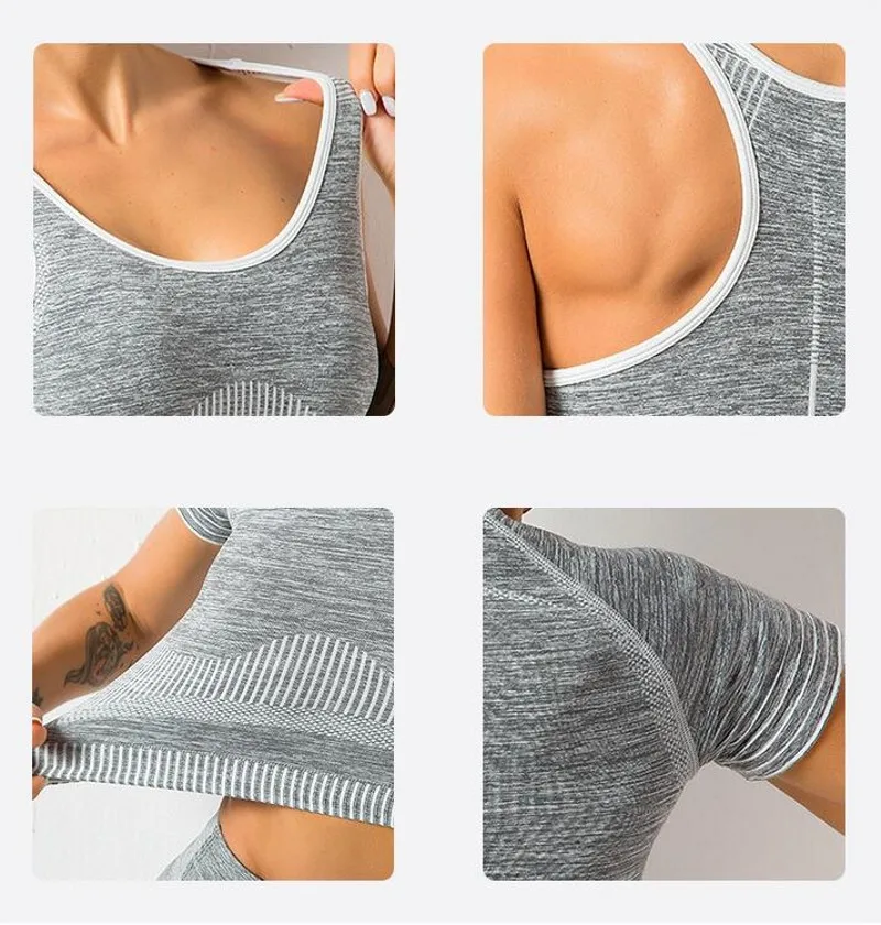 

Women Seamless Moto & Biker Wear Sets 2pcs Crop Top Short Sleeve+Leggings Suits Ladies Tracksuit Set Casual Stripe Fitness Set