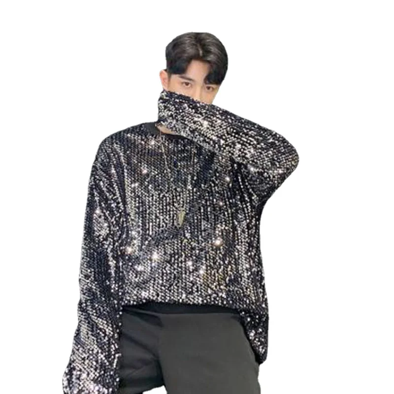 

Men Long Sleeve Sequin Shining Loose Casual T-shirt Male Women Streetwear Hip Hop Punk Gothic Tees Shirts Stage Clothing T