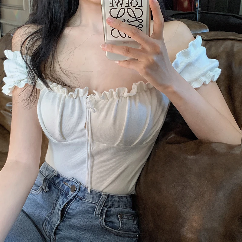

Summer Sweater Women short sleeve Square Collar ruffles Sweater Knitted sexy Crop Tops Short Sleeve Jumpers pull femme