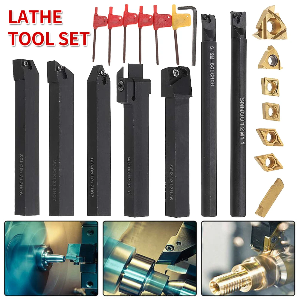 

7 Set 12mm/10mm Shank 45HRC Lathe Boring Bar Turning Tool Holder Set With Carbide Insert For Semi-finish or Lathe Turning Tools