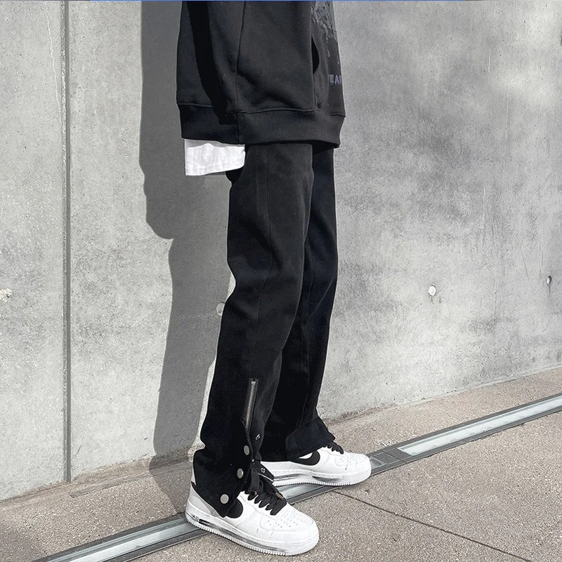 Straight Jeans Men Spring Boyfriend Jeans Streetwear Skinny Cacual Designer Button Denim Pants Hiphop High Street Zipper Trouser