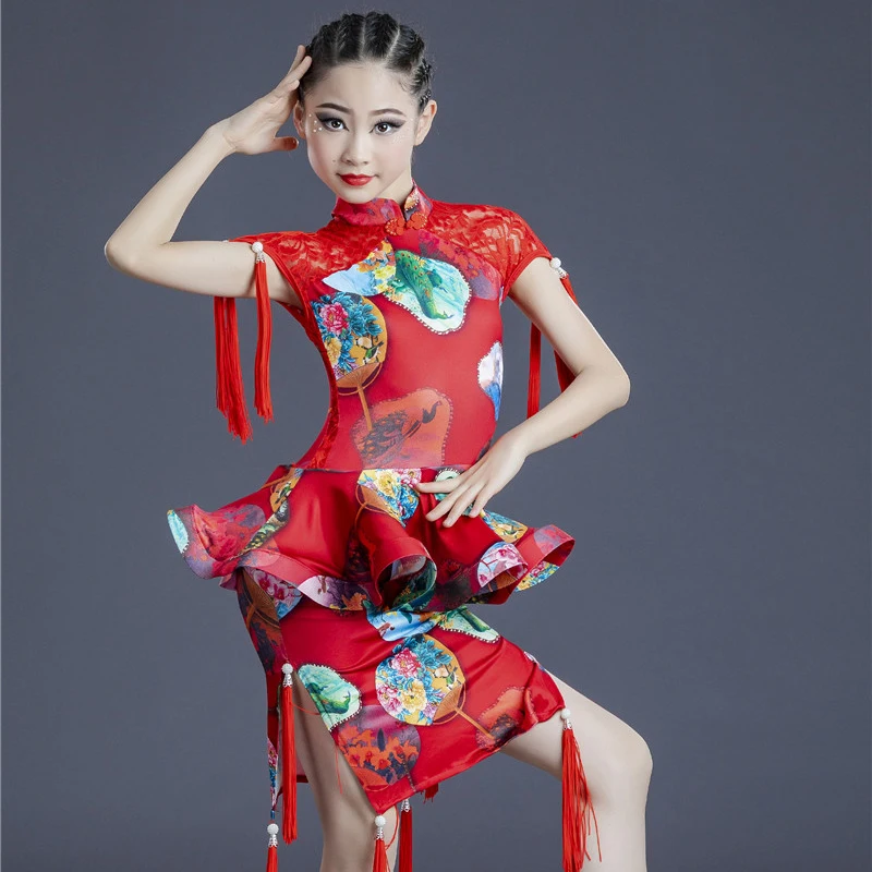 

Red Cheongsam Tassels Latin Dance Dress For Girls Fringed Dress Skirts Latin Dance Costumes Ballroom Competition Clothes 2021