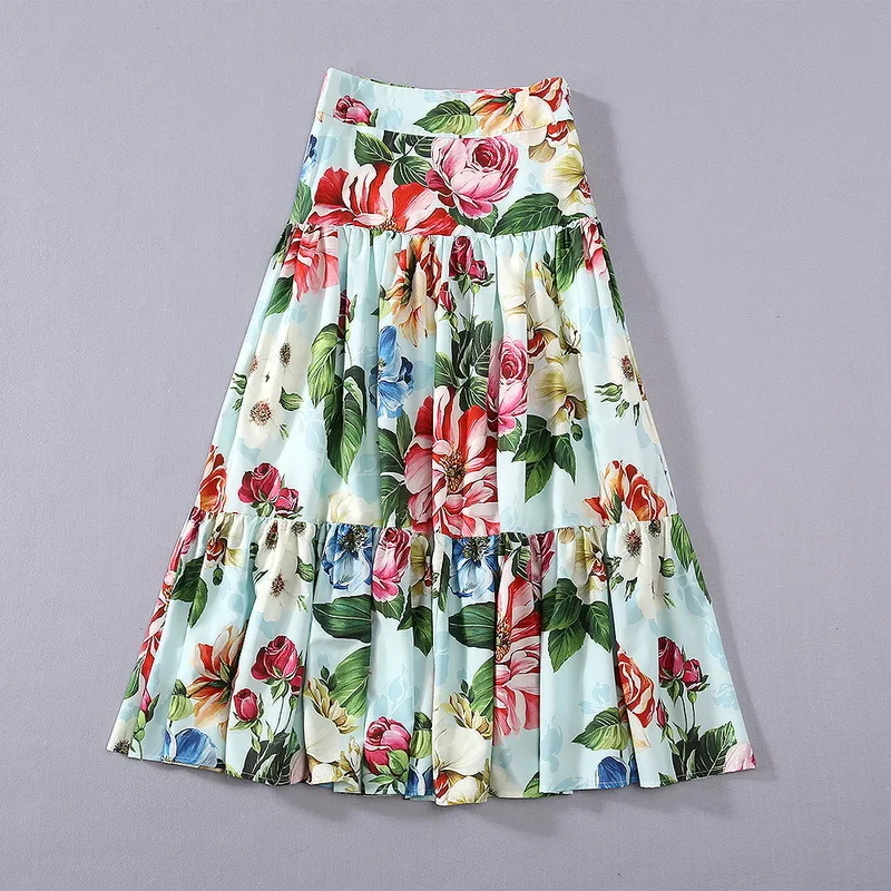 women's European and American clothing 2021 summer new style Blue flower print pleats fashion a-line skirt