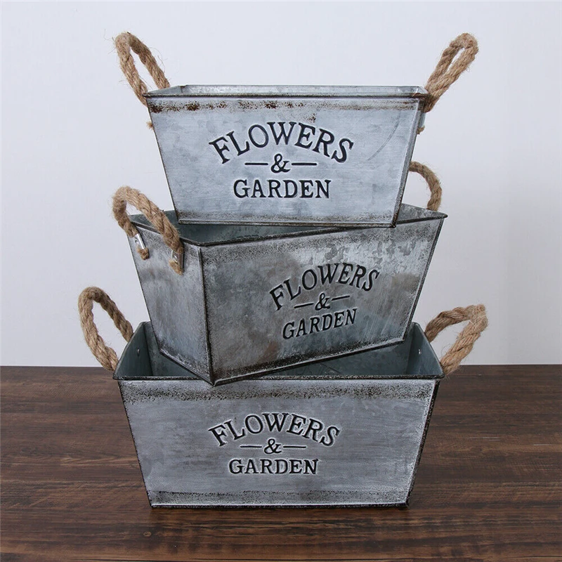 Винтажный металлический контейнер для растений деревенский цветочный горшок с