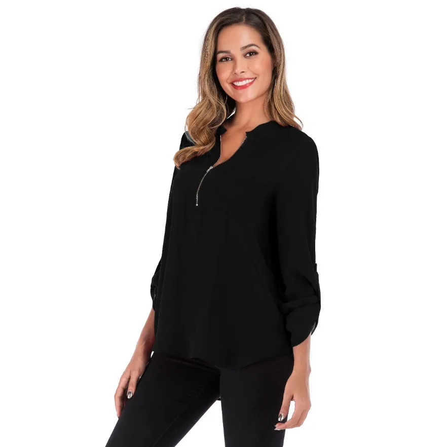 

Donsignet Fashion Women's Blouse New Casual V-neck Pullover Solid Color Zipper Pocket Loose Plus Size Long Sleeve Chiffon Blouse