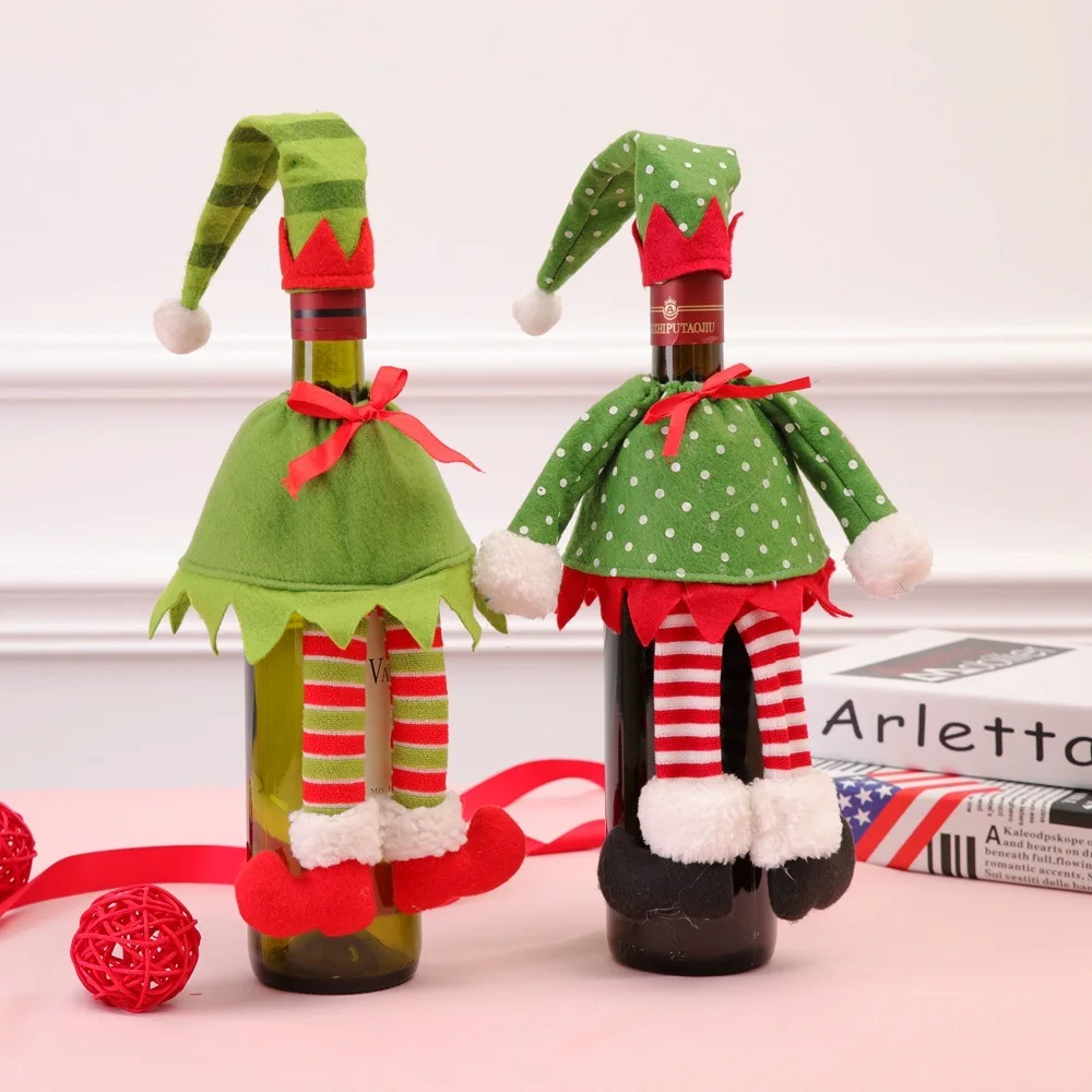 

Christmas Elf Red Wine Bottle Set Champagne Red Wine Cover Decor For Holiday Dinner Tabler Bar Supplies Skirt Cute Xmas Decor