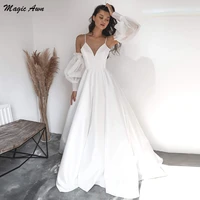 magic awn simple white satin wedding dresses boho spagheti straps a line shiny detachable full puffy sleeves country bride dress