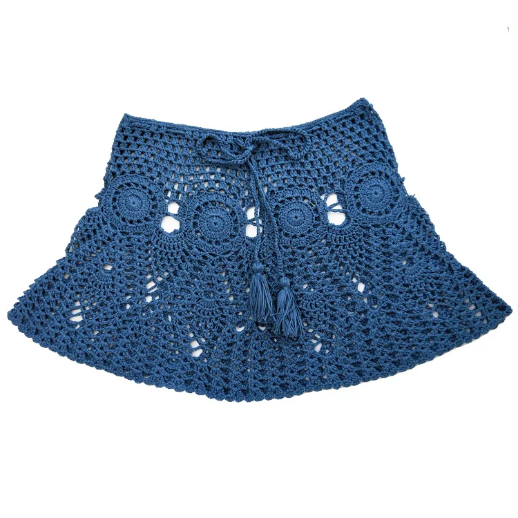 

Candy Color Handmade Cotton Knitted Crochet Mini Skirts Women Summer Hollow Out High Waist Beach Skirt White Bottoms 2020