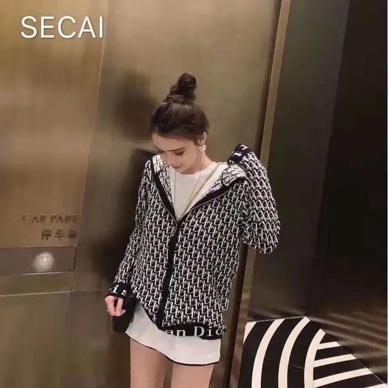 

2021 autumn new hooded knitted coat cardigan zipper printed loose top