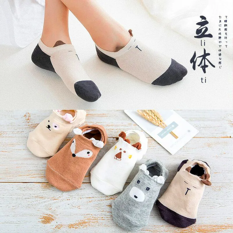 

5 Pairs Women Socks Candy Color Small Animal Cartoon Pattern Invisible Sock for Spring Summer Breathable Casual Girls Boat Socks