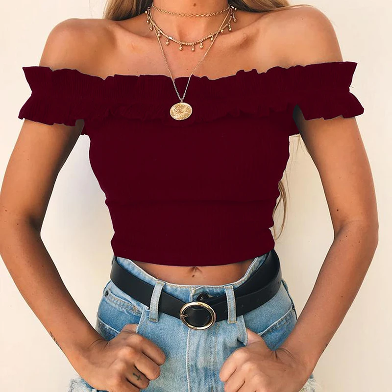 

3 Colors Solid Stretchy Flower Shirt Summer Sweet Ruffles Slash Neck Cropped Shirts With Pads Women Padding Crop Tops For Girls