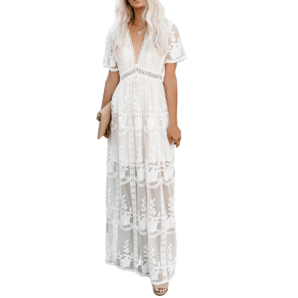 

2020 New Summer Boho Women Maxi Elegant Dress Loose Embroidery White Lace Long Tunic Beach Dress Party Vacation Holiday Clothes