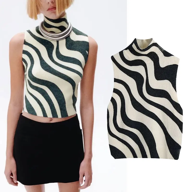 

Za Women Jacquard Knitted Vest Sweater 2022 Spring New Fashion Striped Sleeveless Turtleneck Sweater Vests Vintage Pullover Tops