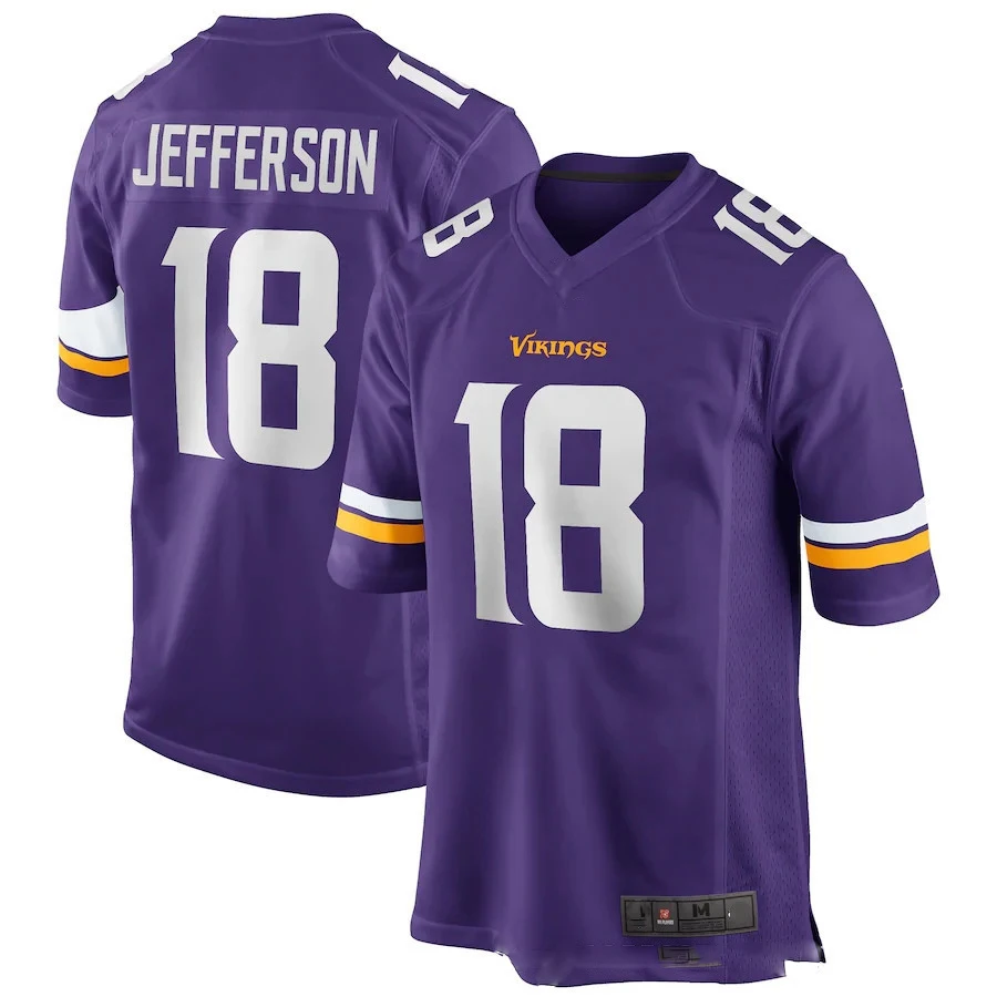 

Bilok Embroidery American Rugby Jersey 18# Jefferson Fans Wear Men Women Kid Youth Minnesota Vikings Football Jersey Shirt
