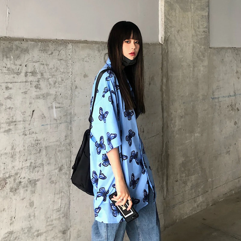 Harajuku рубашка оверсайз женские блузки Хай-стрит BF Стиль 2020 летние топы с коротким