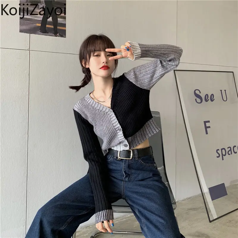 

Koijizayoi Women Harajuku Patchwork Thin Cardigan Long Sleeves Cropped Lady Spring Autumn Kardigan V Neck Student Chic Cardigans