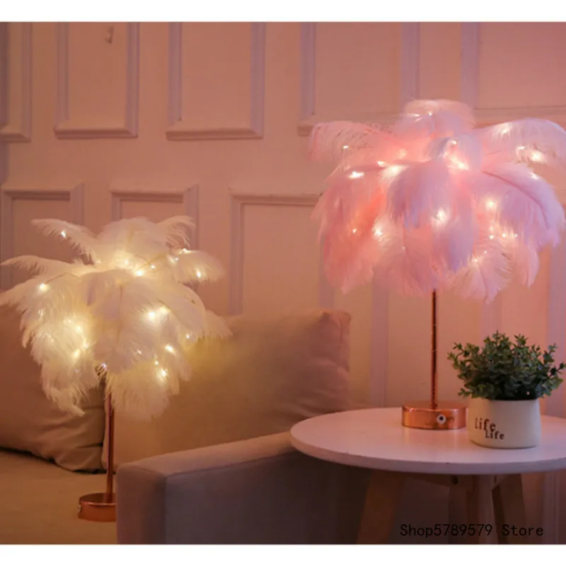

Modern Feathers Table Lamp Minimalist bedroom living room Iron Plating Metal Base Night light Dandelion decorate lamps