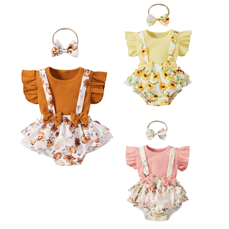 

Комплект из трех предметов с цветочным принтом, топ с круглым вырезом и летящим рукавом для маленьких девочек, шорты на подтяжках и повязка на голову