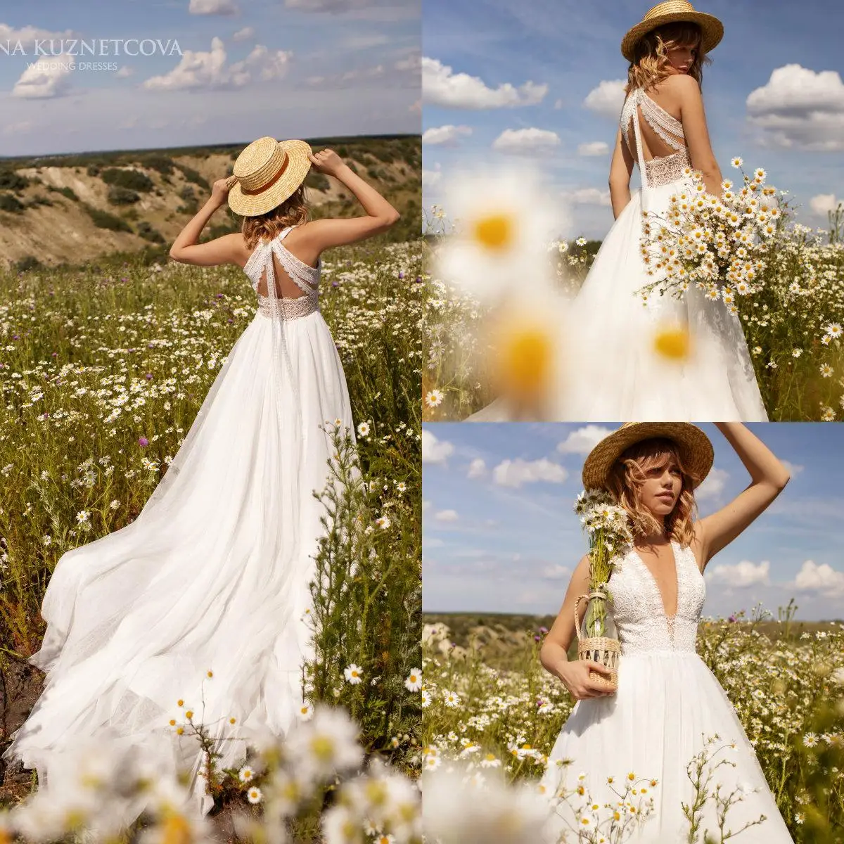 

Cheap Sexy Bohemian Beach Lace Wedding Dresses V Neck Appliques Bridal Gowns Backless Sweep Train A Line Wedding Dress Robes