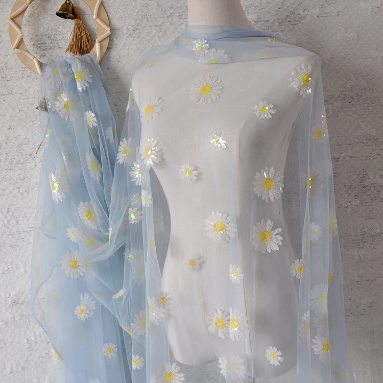 Сетчатая блестящая Цветочная вышивка маргаритки мягкая кружевная ткань