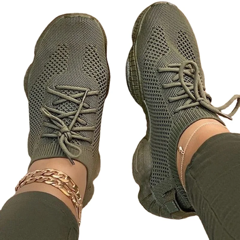 

2021 Women Sneaker Sock Shoes Summer Breathable Cross Tie Platform Round Toe Casual Fashion Sport Lace Up Flats Shoes Women