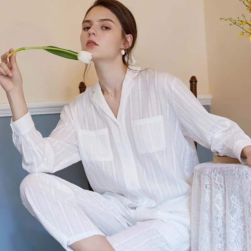 

Autumn Woven Cotton Simple Lapel Pajamas Women's Long-Sleeved White Pyjamas Loose Comfortable Sexy Nightwear Two Piece Sleepwear