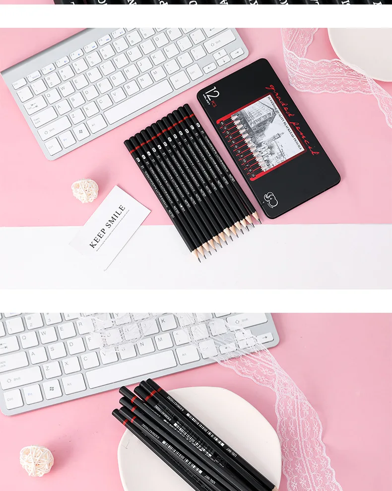 

Профессиональный карандаш для рисования 12 шт./компл., графитовый карандаш для рисования, железный футляр, профессиональная художественная ...