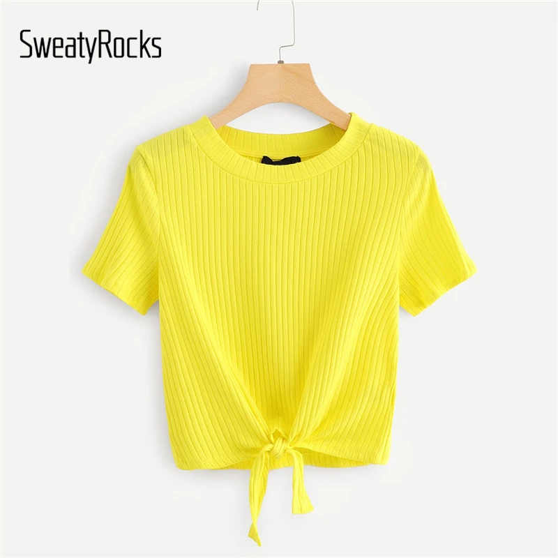 SweatyRocks неоновая цветная футболка с узлом спереди, стильная модная эластичная футболка, летняя повседневная женская желтая футболка и топы