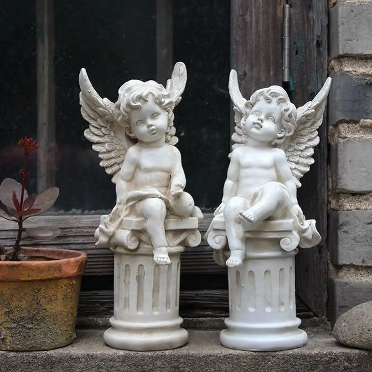 

Set of 2 Cherub Angels on Roman Pillar Garden Statue Greek Column Cherubs Figurine Sculpture Indoor Outdoor Home Garden Decor