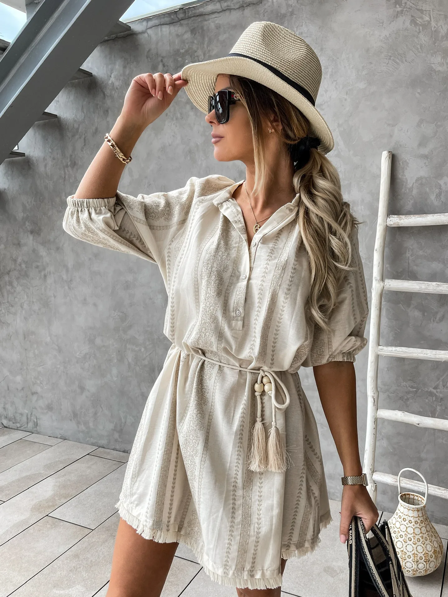 

MosiMolly 2021 Summer Print Dress Cotton Loose Bow Dress Button Front Female Vestidos Boho Beach Dress