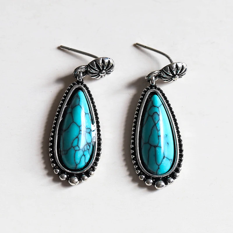 

Ethnic Bohemian Teardrop Turquoises Dangle Earring Silver Color Drop Statement Earrings for Women Party Best Gift