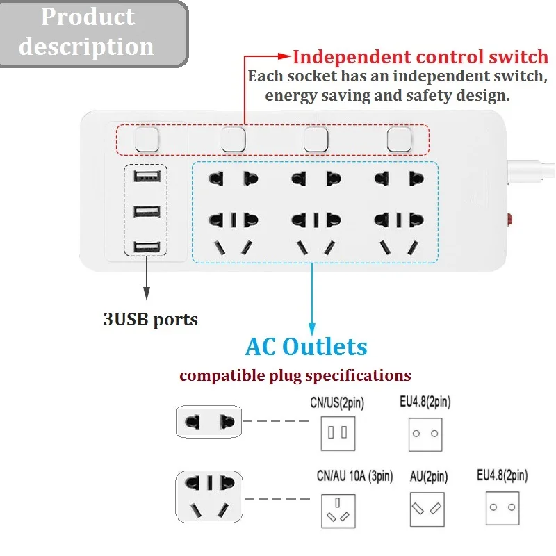 Сетевой удлинитель с 6 портами многофункциональная розетка переменного тока