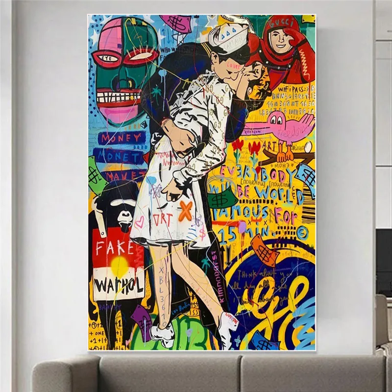 

Banksy Graffiti Street Art Canvas Figure Printings Abstract Kiss in Love Canvas Painting Poster Wall Art Picture Home Decor