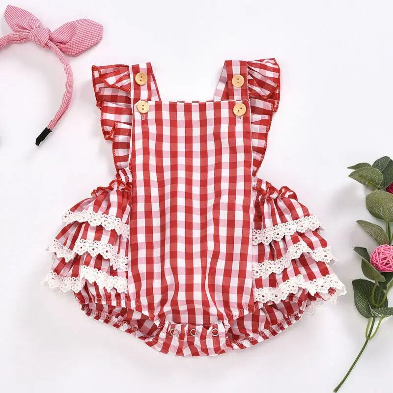 2020 One-piece Newborn Baby Girls Cotton Rompers Outfits Sleeveless Red Plaid Lace Jumpsuit Cute Girl Playsuit Outfit | Детская одежда