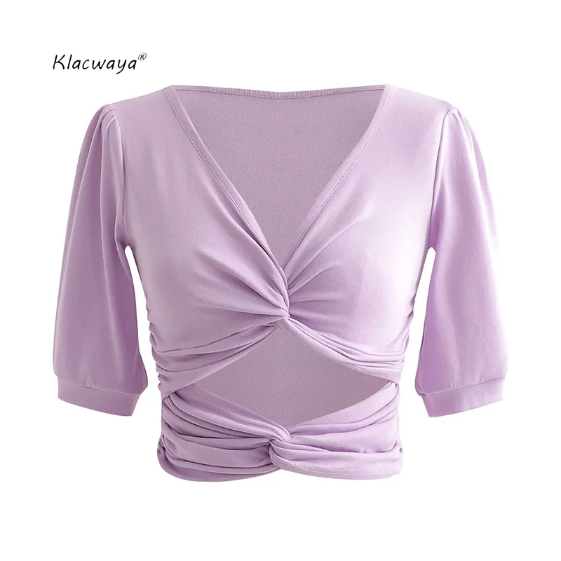 Klacwaya женские ажурные футболки 2020 летние модные половинчатые рукава V образный