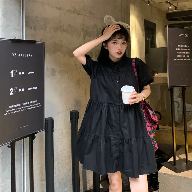 

Puff Sleeve Dress Summer Doll Collar White Japanese Style Small Temperament Multi-Layer Cake Dress Shirt Dress Short Sleeve